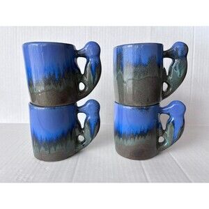 Vintage Shearwater Pottery Woodpecker Mugs Set of 4 - Blue Drip Glaze 1992 Mint